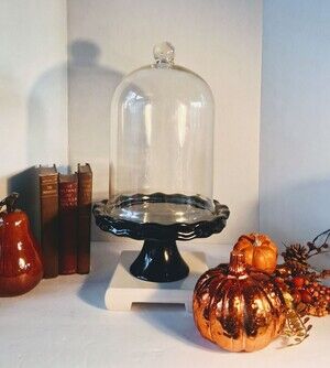 Black Earthenware Pedestal Cake Stand w/Scalloped Edge & Tall Cloché